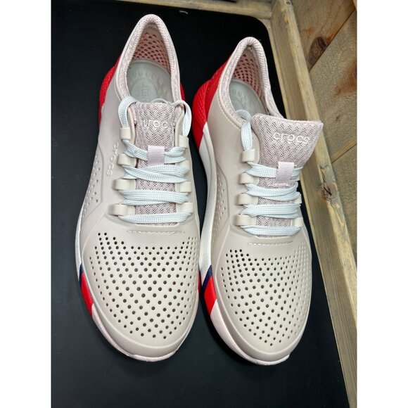 Womens Crocs LiteRide Sneakers Size 11 Beige & Red Perforated Breathable Athleti - Picture 3 of 8